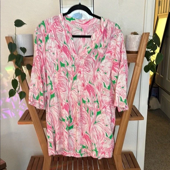 Lilly Pulitzer Sarasota Pintuck Flamingo Print Women's Top - Picture 1 of 4